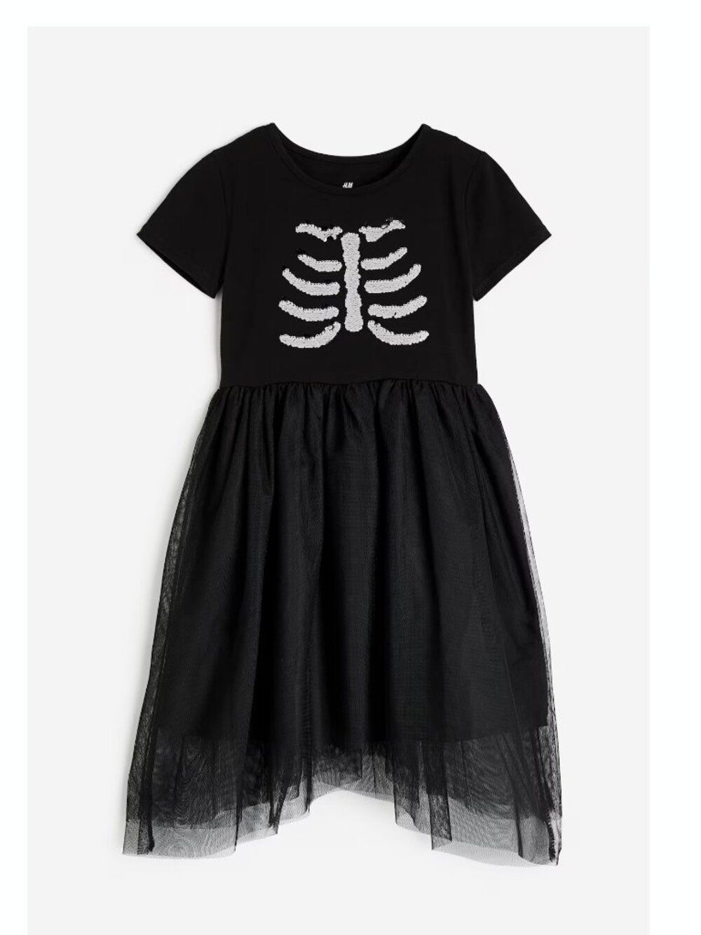 H&M Girls Black Sequin Skeleton Halloween Tulle Dress